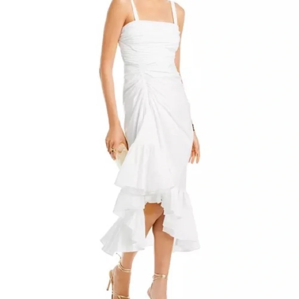 cinq a sept White High-Low Ruffled Strap Dress